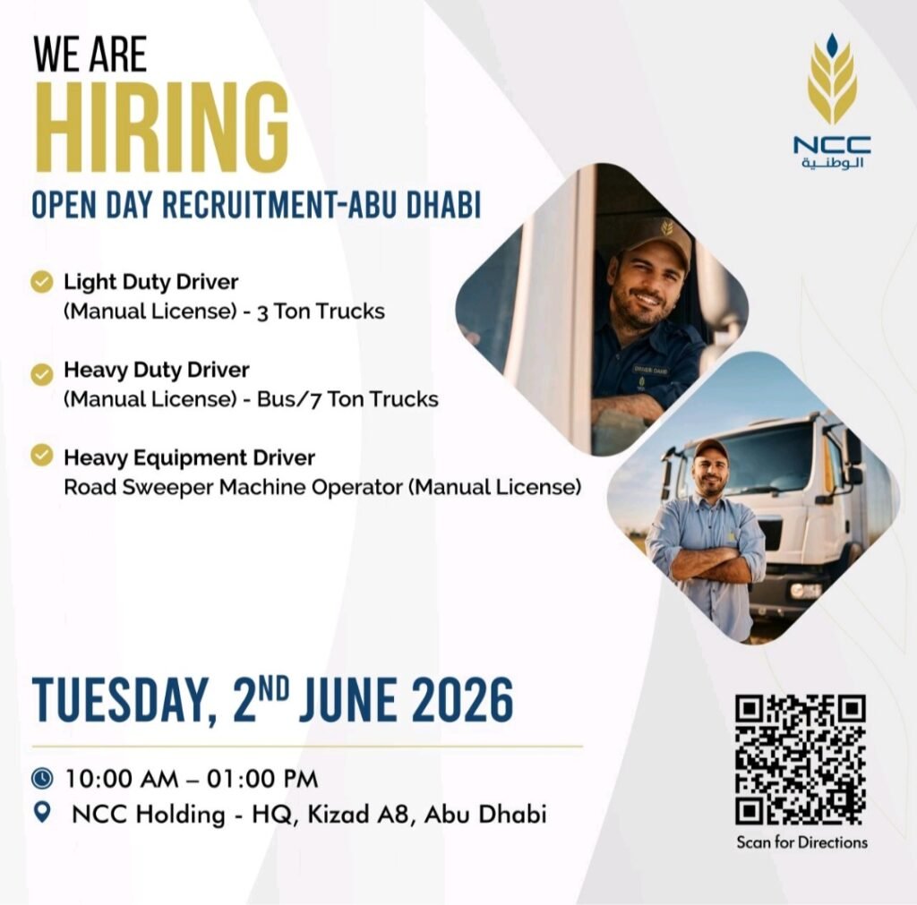 NCC Catering Walk-In Interview 2026 for Drivers & Equipment Operators in Abu Dhabi 1 NCC Catering Walk-In Interview 2026 for Drivers & Equipment Operators in Abu Dhabi