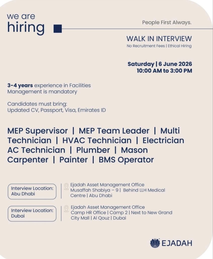 Ejadah Walk-in Interview 2026: Facilities Management Jobs in Abu Dhabi & Dubai