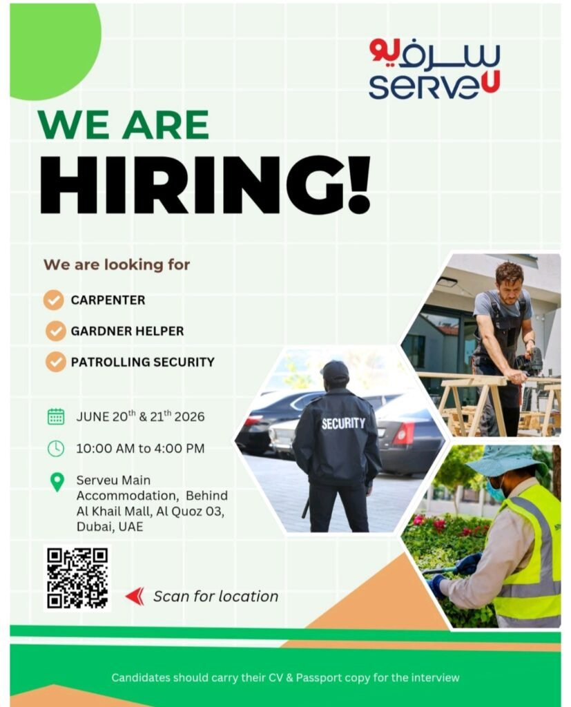 ServeU LLC Walk-In Interview 2026 in Dubai – Carpenter, Gardener Helper & Patrolling Security Jobs 1 ServeU LLC Walk-In Interview 2026 in Dubai – Carpenter, Gardener Helper & Patrolling Security Jobs
