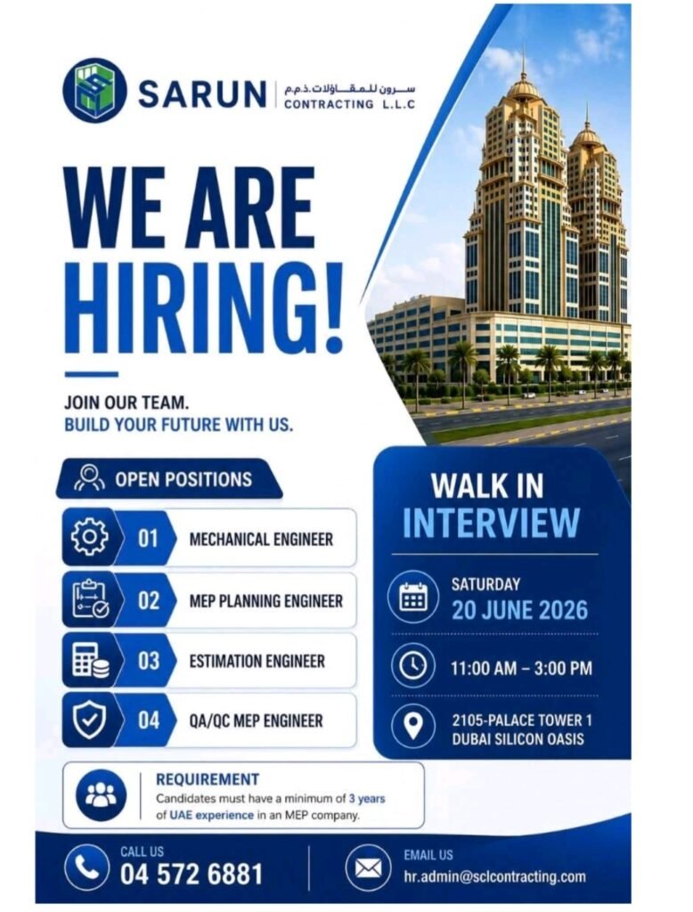Sarun Contracting LLC Walk-In Interview 2026 for MEP Engineers in Dubai