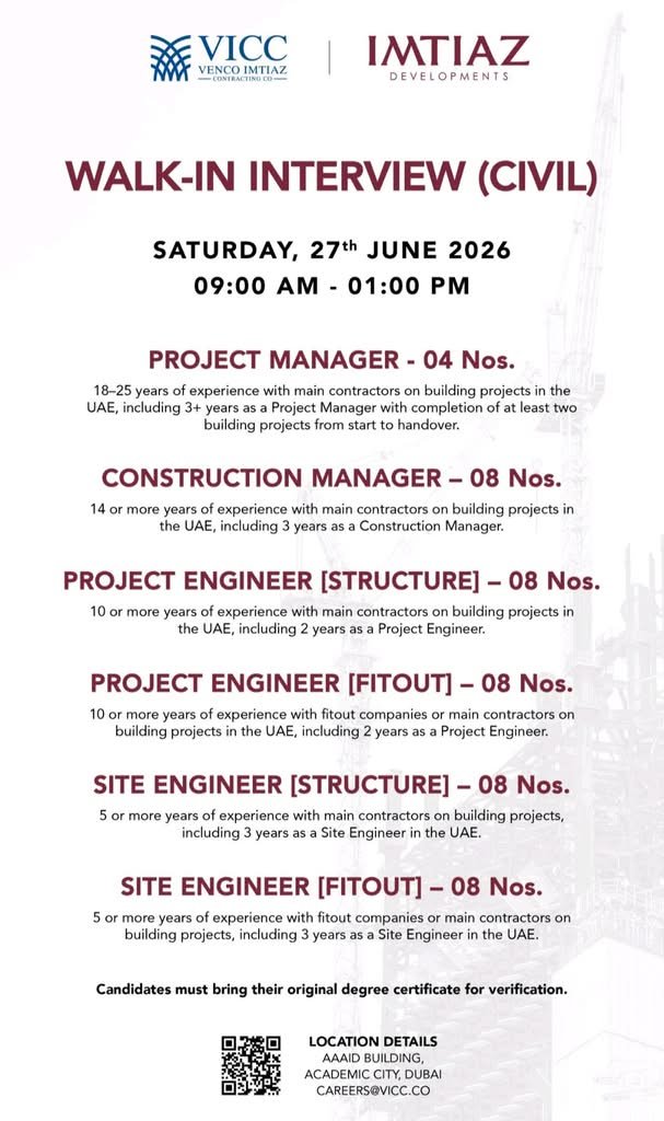 Venco Imtiaz Contracting Walk-In Interview 2026 for Civil Engineering Jobs in Dubai
