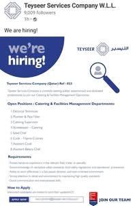 Teyseer Services Company W.L.L. Careers Qatar 2026 – Catering & Facilities Management Jobs 1 Teyseer Services Company W.L.L. Careers Qatar 2026 – Catering & Facilities Management Jobs