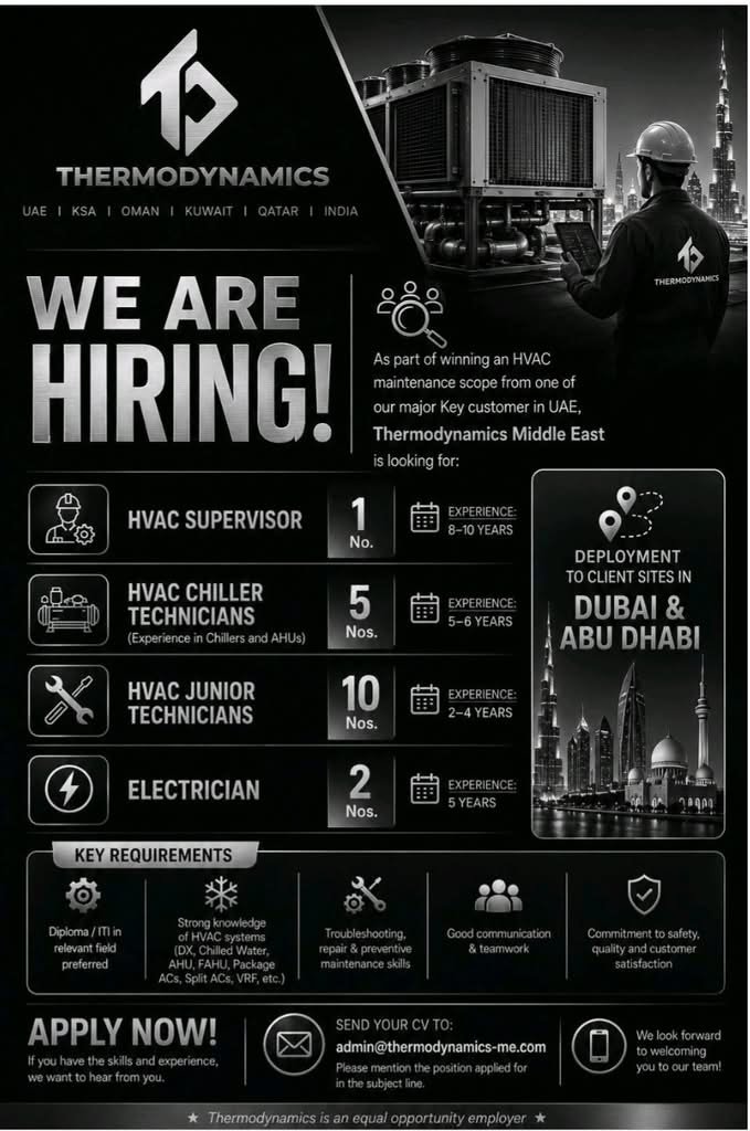 Thermodynamics Middle East Careers 2026 – HVAC & Electrician Jobs in Dubai and Abu Dhabi 1 Thermodynamics Middle East