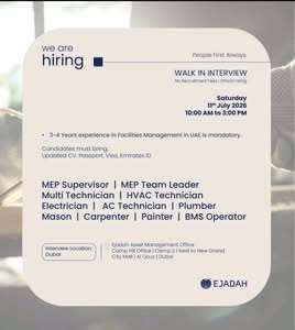 Ejadah Walk-In Interview 2026: Latest Facility Management & Support Staff Jobs in UAE