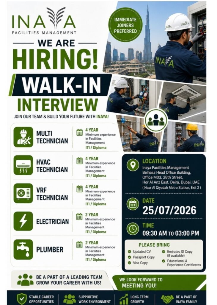 Inaya Facilities Management Walk-In Interview 2026 – Latest Dubai Jobs