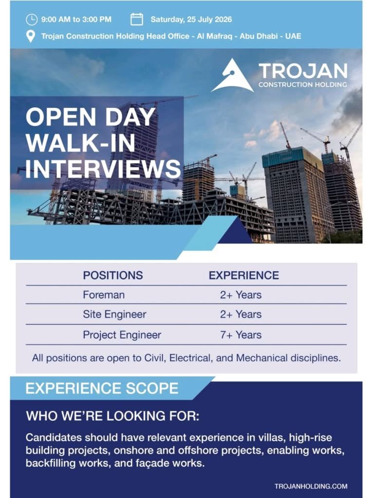 Trojan Construction Holding Walk-In Interview 2026 | Latest UAE Construction Jobs 1 Trojan Construction Holding Walk-In Interview 2026 | Latest UAE Construction Jobs