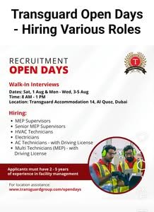 Transguard Open Days 2026: Walk-In Interview for MEP Supervisors, HVAC Technicians & Electricians in Dubai