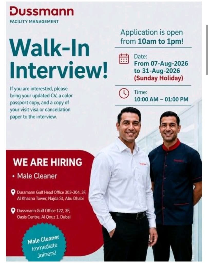 Dussmann Gulf Walk-In Interview 2026 for Male Cleaner | Apply Now in Dubai & Abu Dhabi 1 Dussmann Gulf