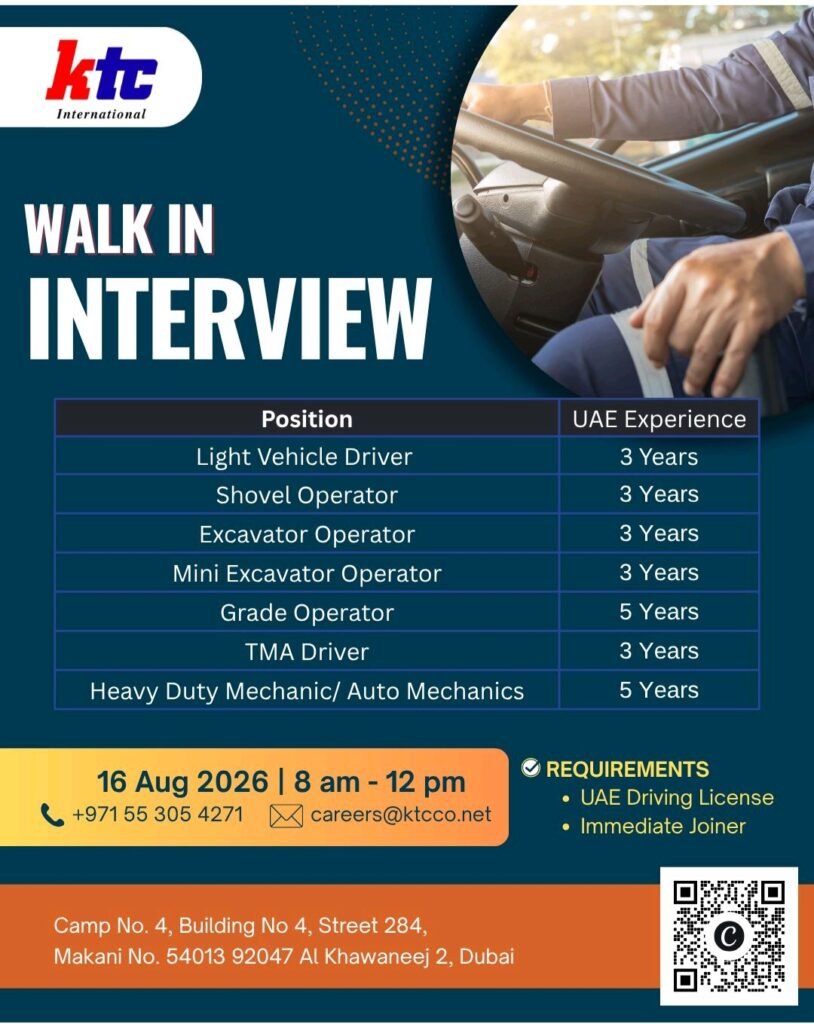 KTC International Jobs in Dubai 2026 – Walk-In Interview