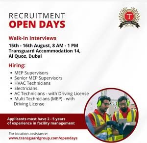 Transguard Open Days 2026: Walk-In Interview for MEP Supervisors, HVAC Technicians & Electricians in Dubai