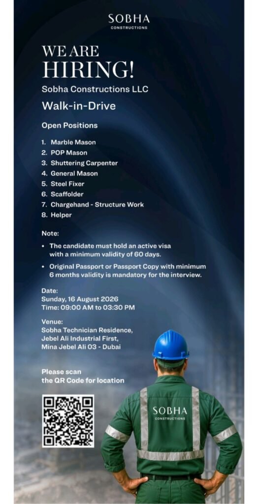 Sobha Constructions Walk-In Interview Dubai 2026 | Latest Construction Jobs in UAE