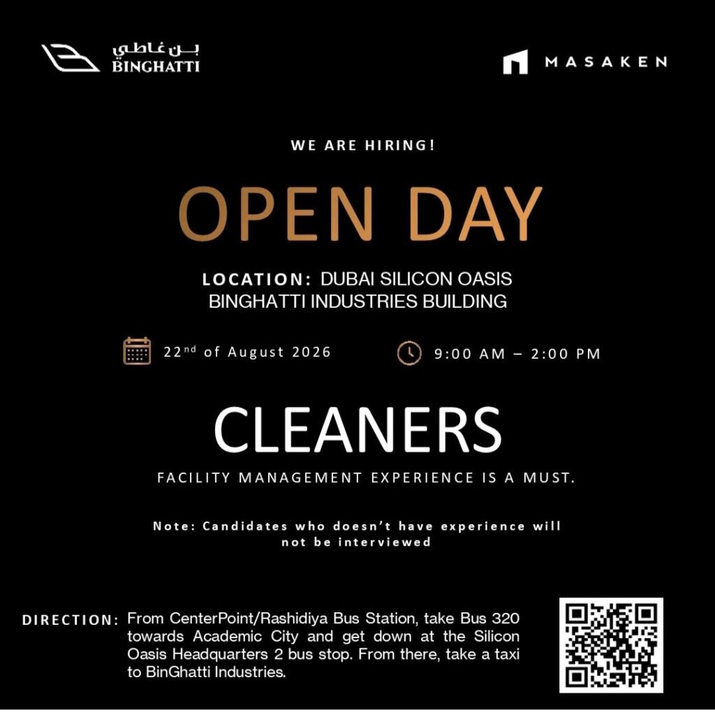 Binghatti Masaken Cleaners Walk-In Interview 2026 in Dubai – Open Day Hiring