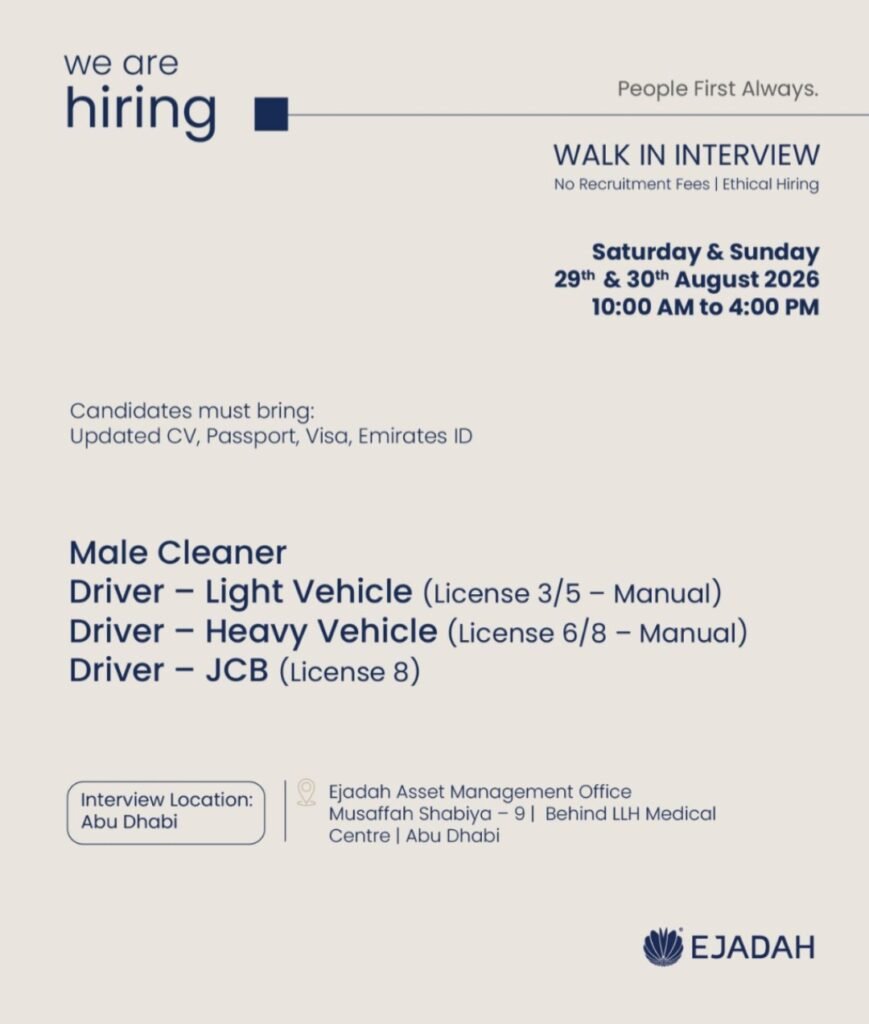 Ejadah Walk-In Interview 2026 in Dubai – Multiple Job Vacancies Announced