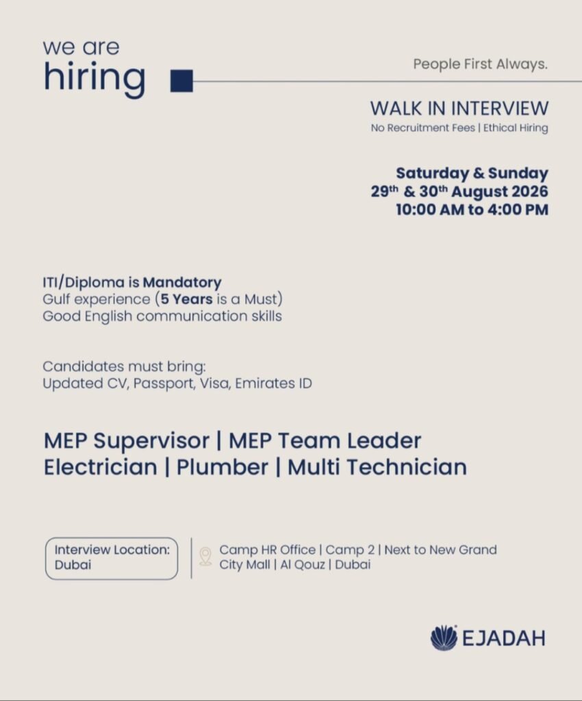 Ejadah Walk-In Interview 2026 in Dubai – Multiple Job Vacancies Announced
