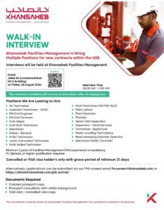 Khansaheb Facilities Management Walk-In Interview 2026 – Multiple Job Vacancies in UAE 1 Khansaheb Facilities Management Walk-In Interview 2026 – Multiple Job Vacancies in UAE