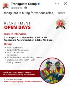 Transguard Open Days 2026: Walk-In Interview for MEP Supervisors, HVAC Technicians & Electricians in Dubai 1 Transguard Open Days 2026: Walk-In Interview for MEP Supervisors, HVAC Technicians & Electricians in Dubai