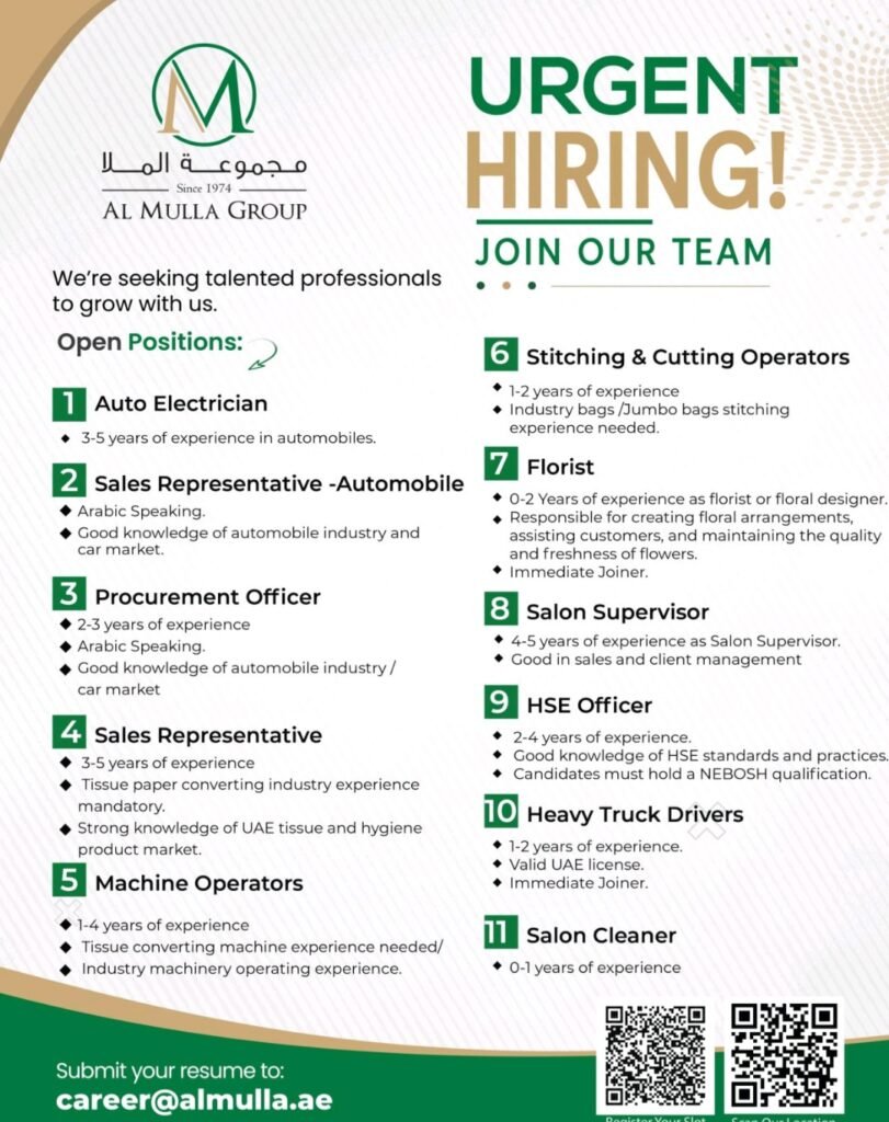 Al Mulla Group UAE Jobs 2026 – Urgent Hiring in Fujairah