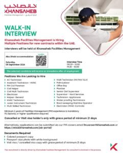 Khansaheb Facilities Management Walk-In Interview 2026 – Multiple Job Vacancies in UAE 1 Khansaheb Facilities Management Walk-In Interview 2026 – Multiple Job Vacancies in UAE