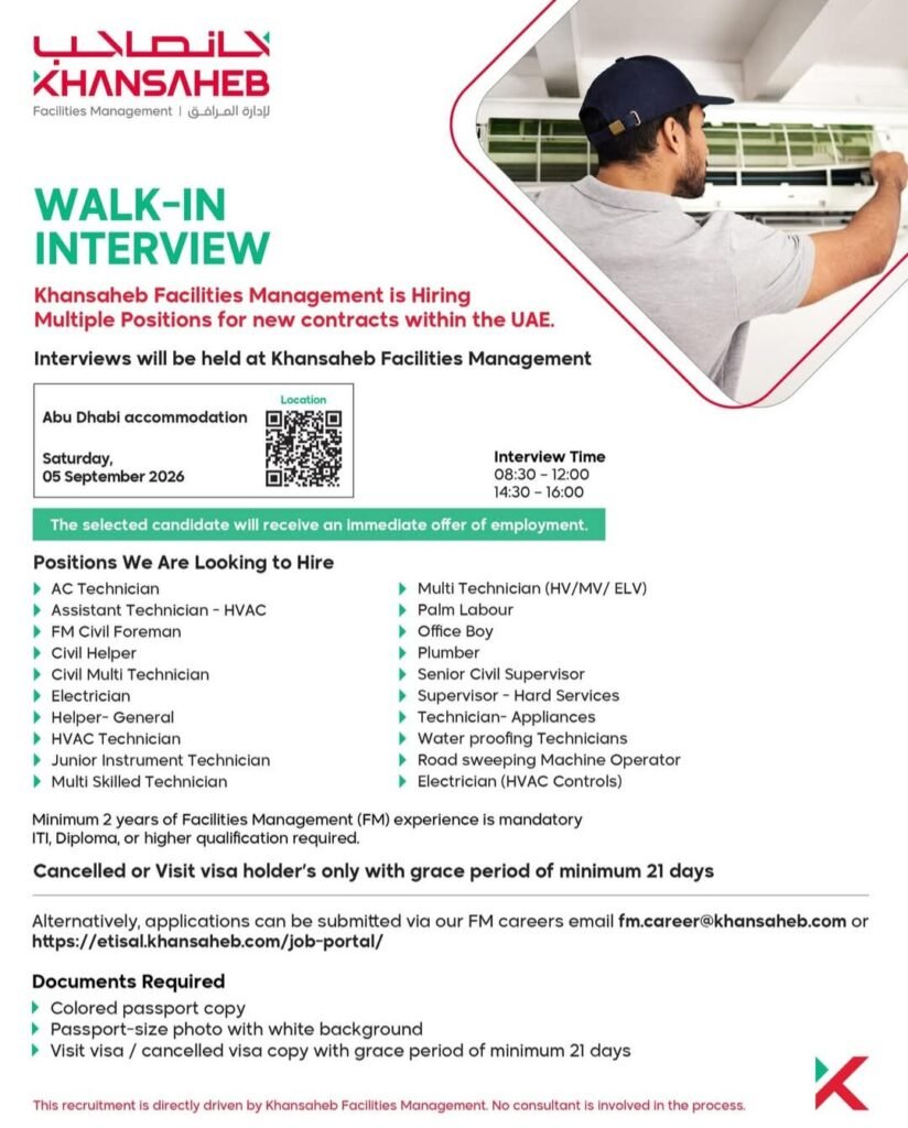 Khansaheb Facilities Management Walk-In Interview 2026 – Multiple Job Vacancies in UAE