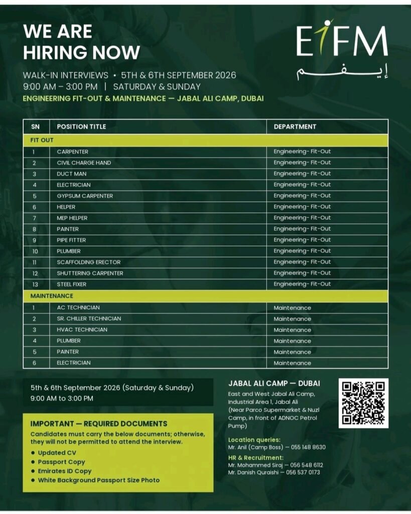 EIFM Walk-In Interview 2026 – Engineering Fit-Out & Maintenance Jobs in Dubai 1 EIFM Walk-In Interview 2026 – Engineering Fit-Out & Maintenance Jobs in Dubai