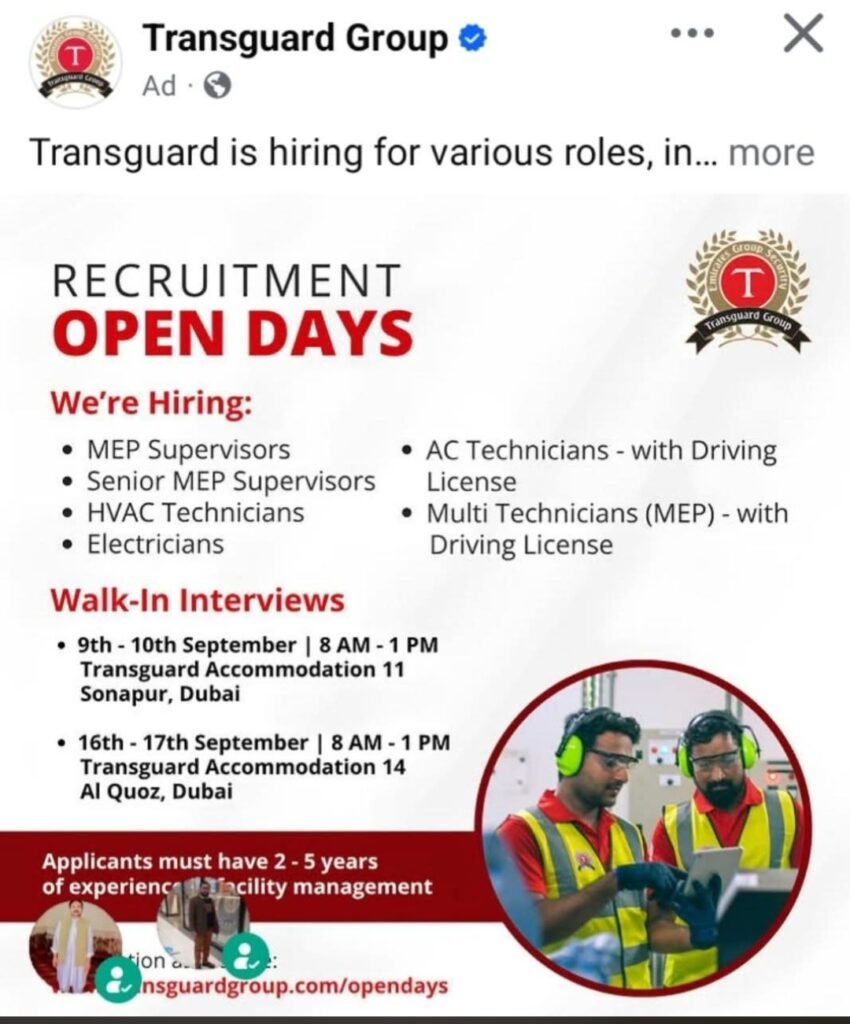 Transguard Open Days 2026: Walk-In Interview for MEP Supervisors, HVAC Technicians & Electricians in Dubai 1 Transguard Open Days 2026: Walk-In Interview for MEP Supervisors, HVAC Technicians & Electricians in Dubai