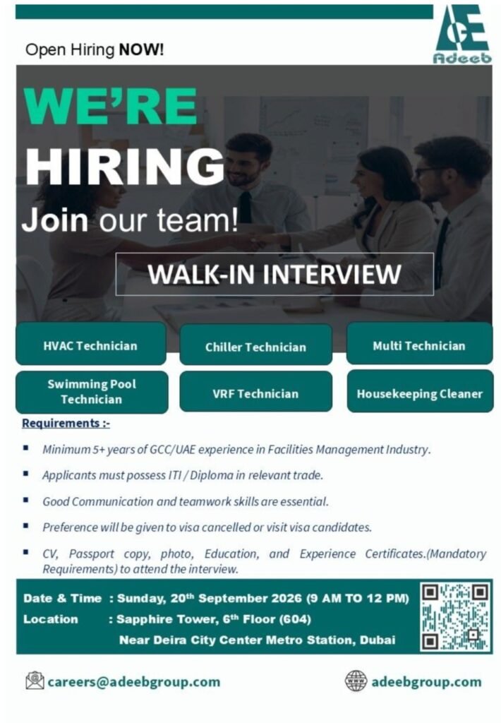 Walk-in Interview Dubai 2026: Adeeb Group Hiring HVAC, Chiller & Electrical Technicians 1 Adeeb Group Hiring HVAC, Chiller & Electrical Technicians