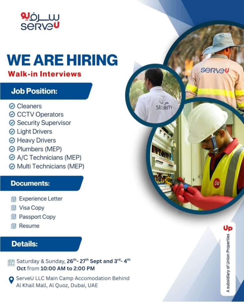 ServeU LLC Jobs 2026 – Walk-in Interviews for Cleaners, Drivers & MEP Technicians