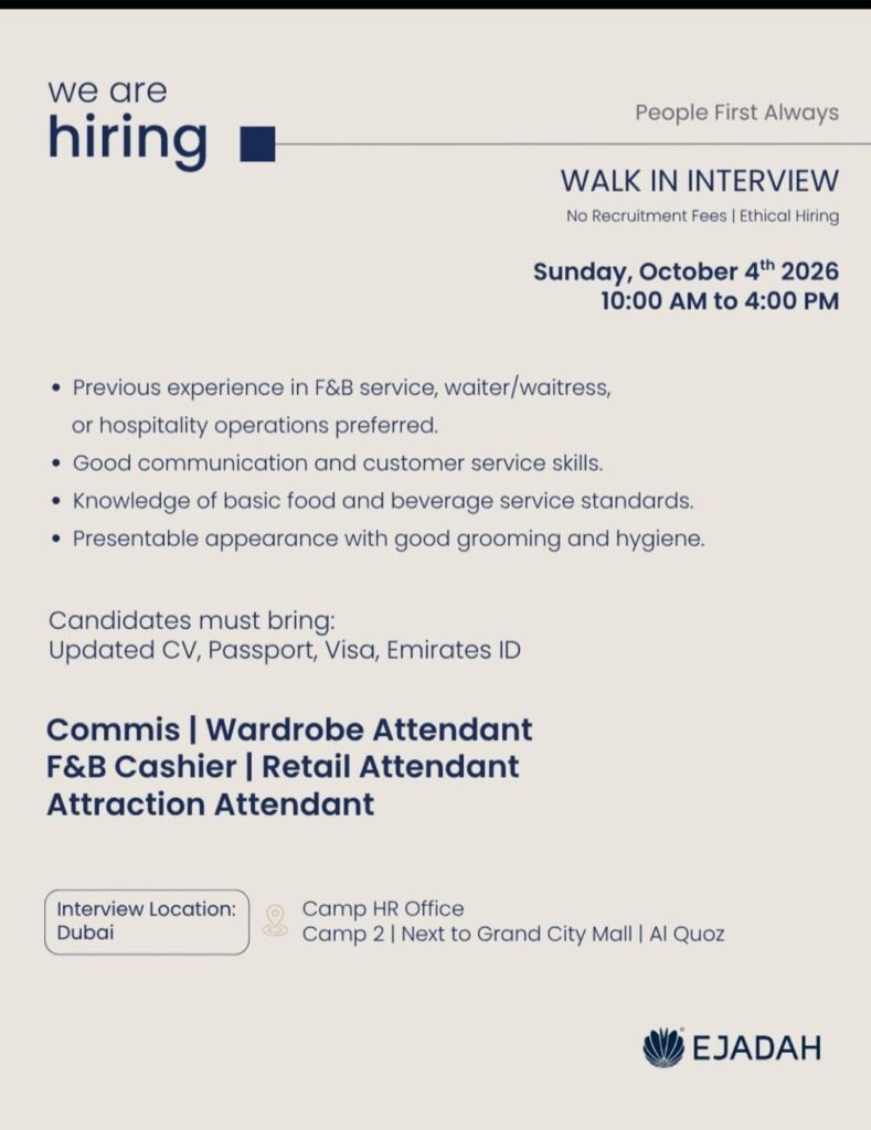 Ejadah Jobs in Dubai: Walk-In Interview for Multiple Vacancies