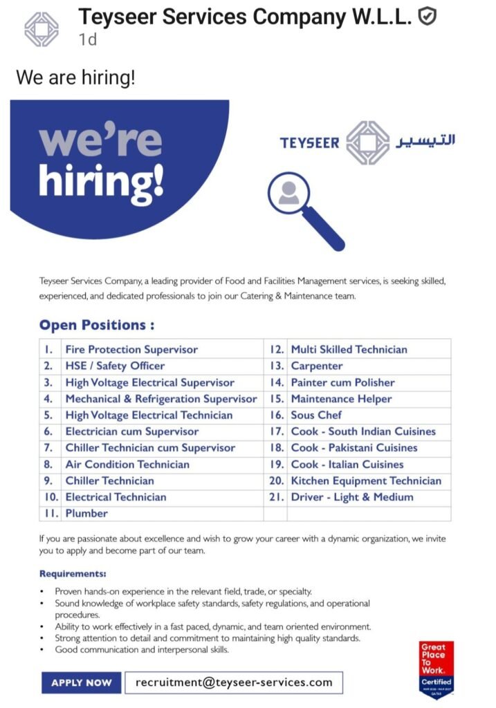 Teyseer Services Company W.L.L. Jobs 2026 – Multiple Vacancies in Qatar 1 Teyseer Services Company W.L.L. Jobs 2026 – Multiple Vacancies in Qatar