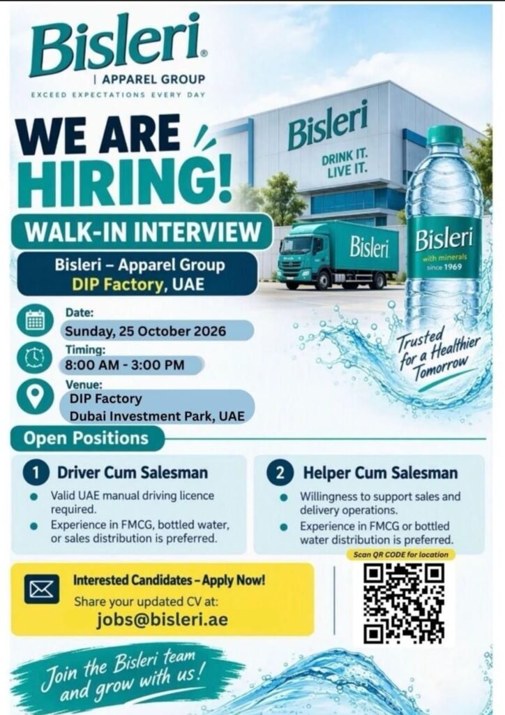 Bisleri – Apparel Group Jobs in UAE | Walk-In Interview on 25 October 2026