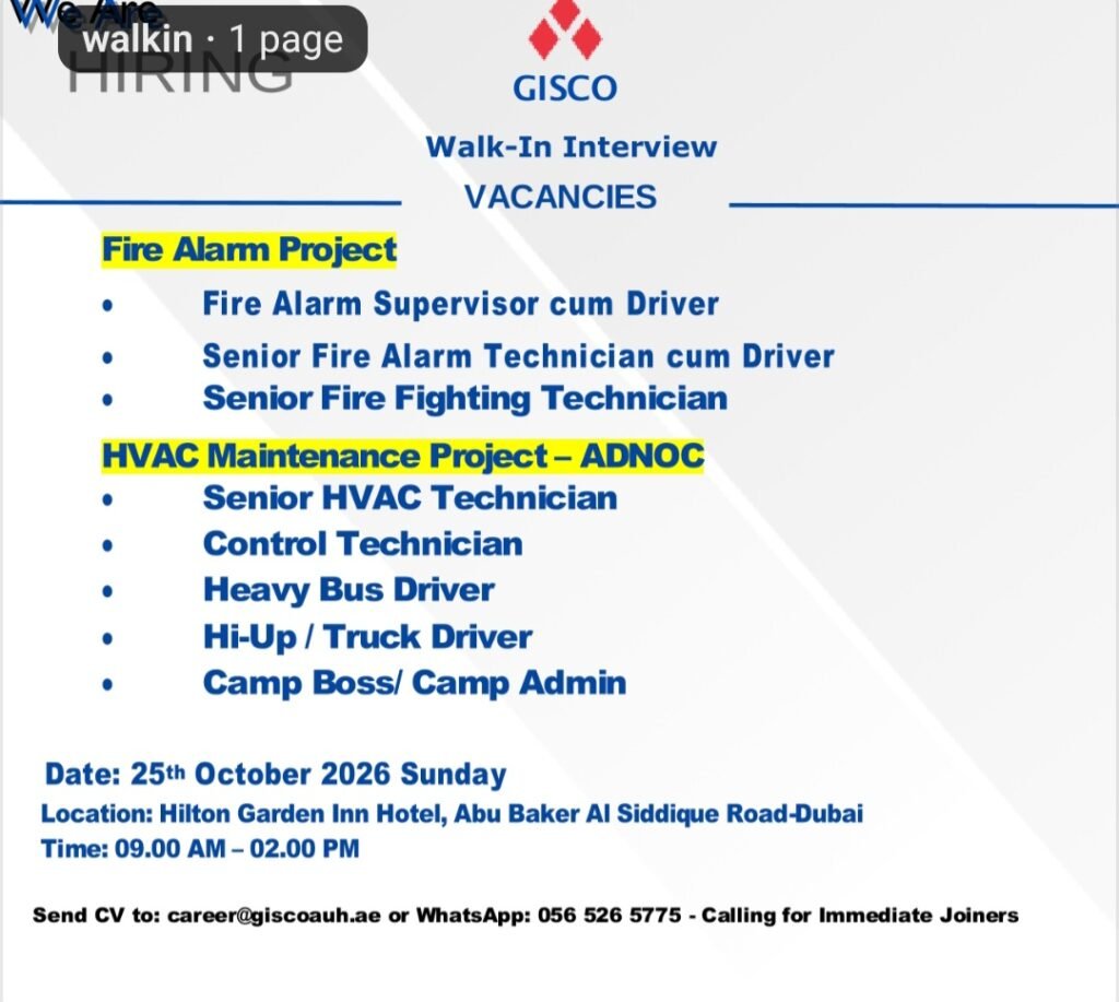 GISCO Walk-In Interview 2026: Multiple Job Vacancies in Dubai, UAE 1 GISCO Walk-In Interview 2026: Multiple Job Vacancies in Dubai, UAE