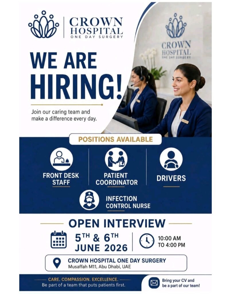 Crown Hospital Walk-In Interview 2026 in Abu Dhabi – Multiple Healthcare & Support Staff Jobs Available 1 Crown Hospital