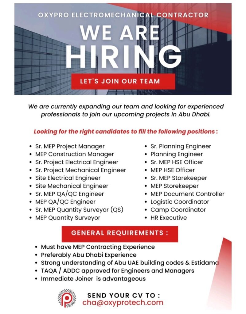 Oxypro Electromechanical Contractor Careers in Abu Dhabi 2026 | UAE Jobs 1 Oxypro Electromechanical Contractor Careers in Abu Dhabi 2026 | UAE Jobs