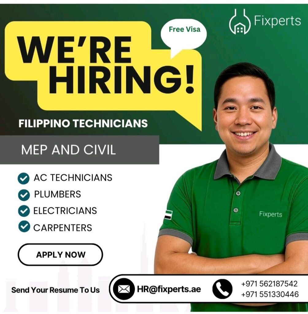 Fixperts Careers UAE 2026 – Hiring MEP and Civil Technicians 1 Apply for Fixperts Careers UAE 2026. Hiring AC Technicians, Plumbers, Electricians, and Carpenters. Free visa provided. Submit your CV today.