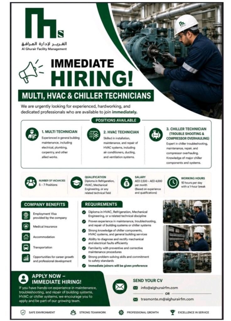 Al Ghurair Facility Management Jobs in UAE 2026 – Immediate Hiring for Multi, HVAC & Chiller Technicians 1 Al Ghurair Facility Management