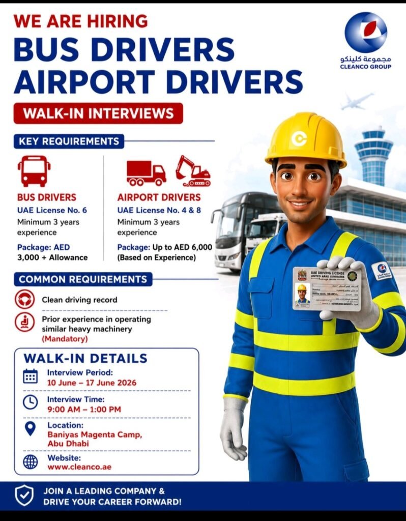 Cleanco Bus Driver & Airport Driver Walk-In Interview Jobs in Abu Dhabi 2026 1 Cleanco