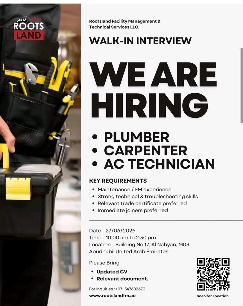 Roots Land Facility Management Walk-In Interview 2026 | AC Technician, Plumber & Carpenter Jobs in Abu Dhabi 1 Roots Land Facility Management Walk-In Interview 2026
