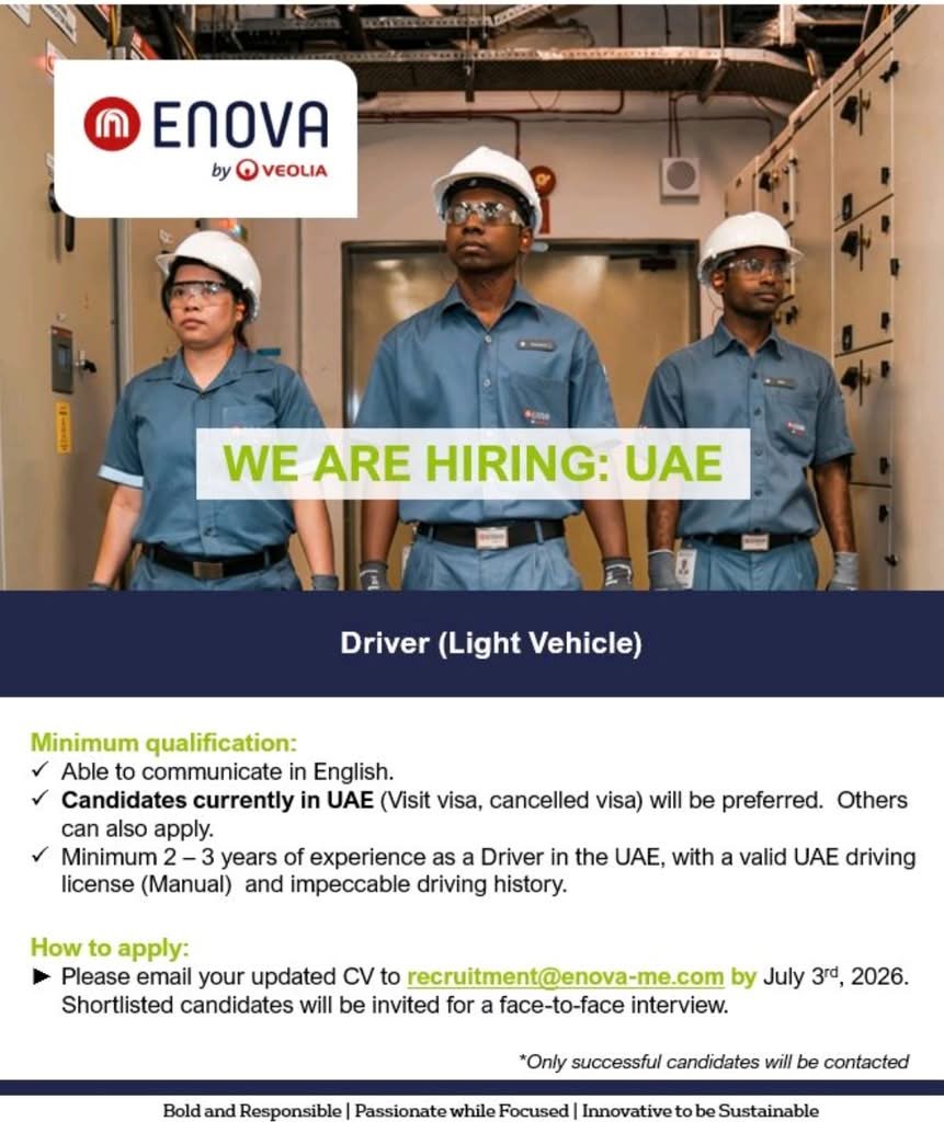 Enova by Veolia Driver Jobs in UAE 2026 | Apply for Light Vehicle Driver Vacancies 1 Enova by Veolia