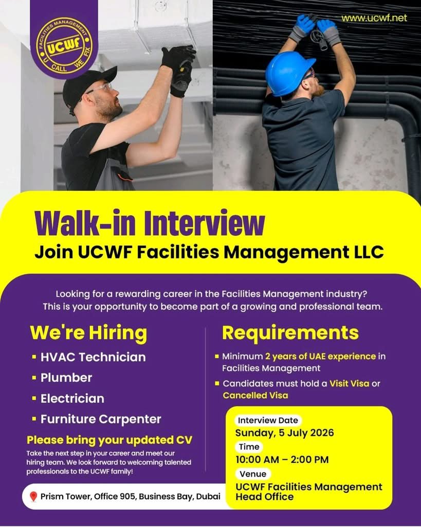 UCWF Facilities Management Walk-In Interview 2026 | Latest Dubai Facilities Management Jobs 1 UCWF Facilities Management