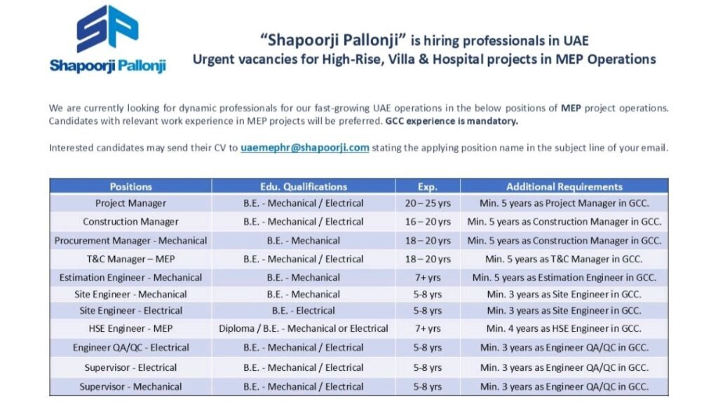 Shapoorji Pallonji Mideast LLC MEP Jobs in UAE 2026 | Apply for Multiple Engineering Vacancies 2 Shapoorji Pallonji Mideast LLC MEP Jobs in UAE 2026 | Apply for Multiple Engineering Vacancies
