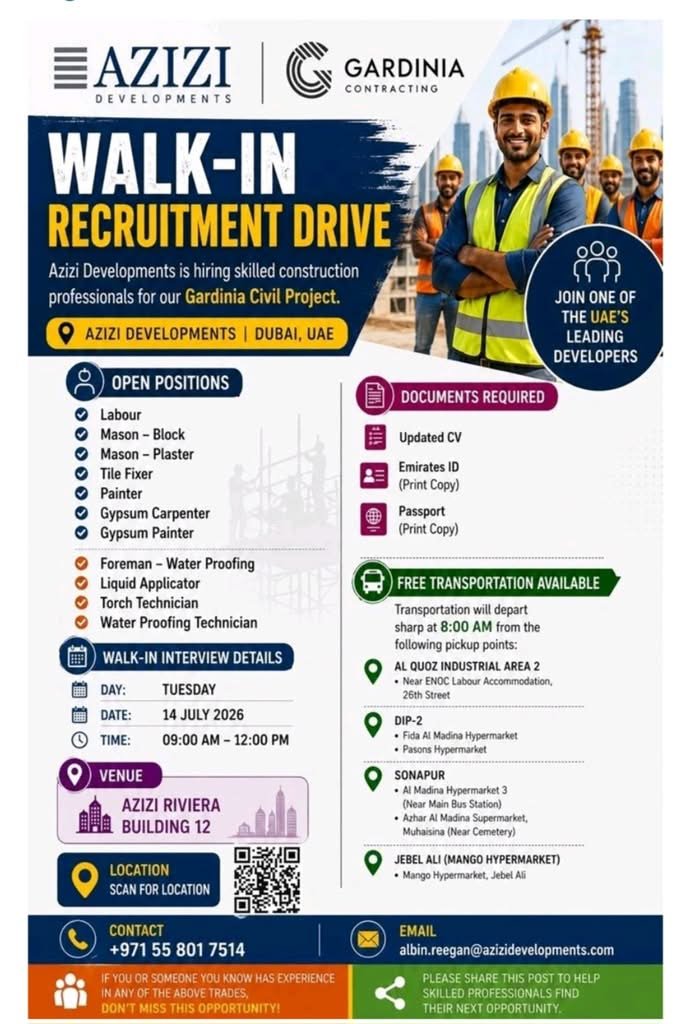 Azizi Developments Walk-In Interview 2026 – Gardinia Contracting Construction Jobs in Dubai 1 Azizi Developments Walk-In Interview 2026 – Gardinia Contracting Construction Jobs in Dubai