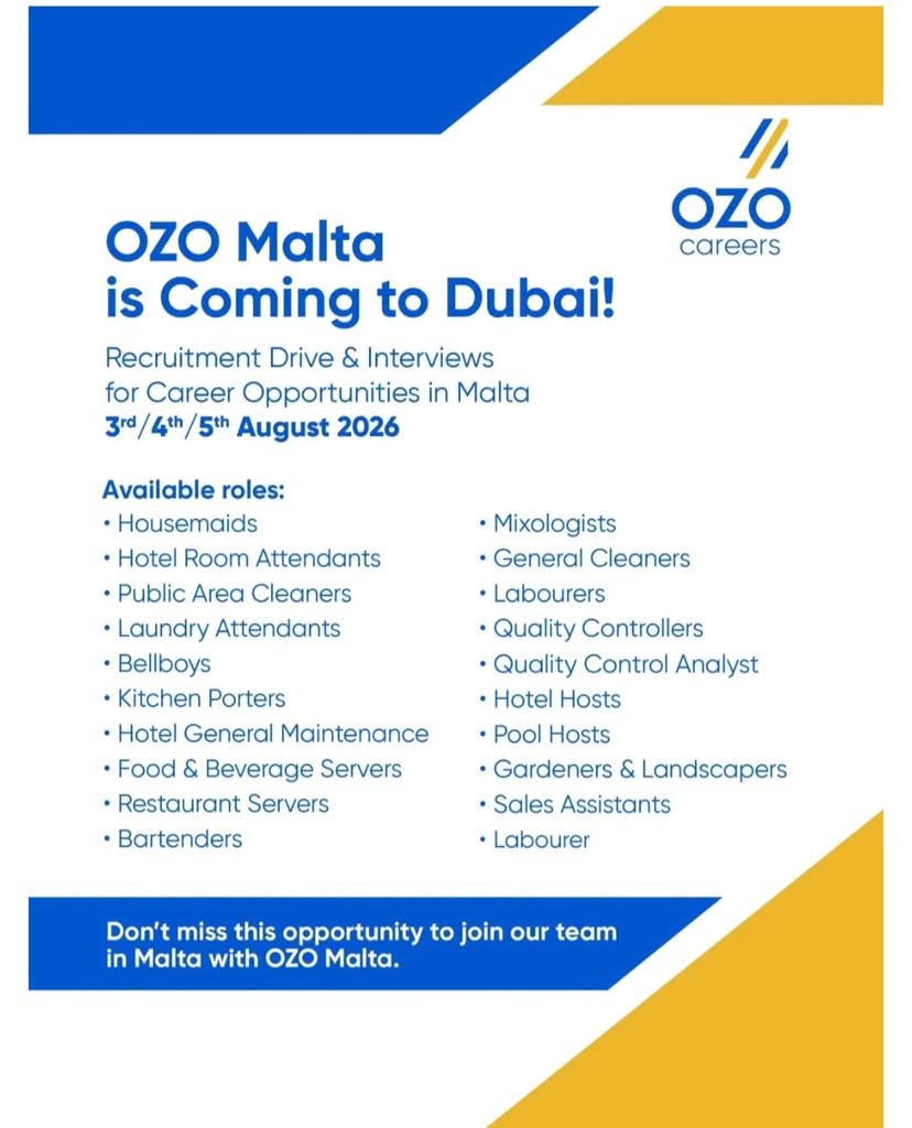 OZO Group Recruitment Drive in Dubai 2026 | OZO Malta Walk-In Interview Jobs 1 OZO Group Recruitment Drive in Dubai 2026 | OZO Malta Walk-In Interview Jobs