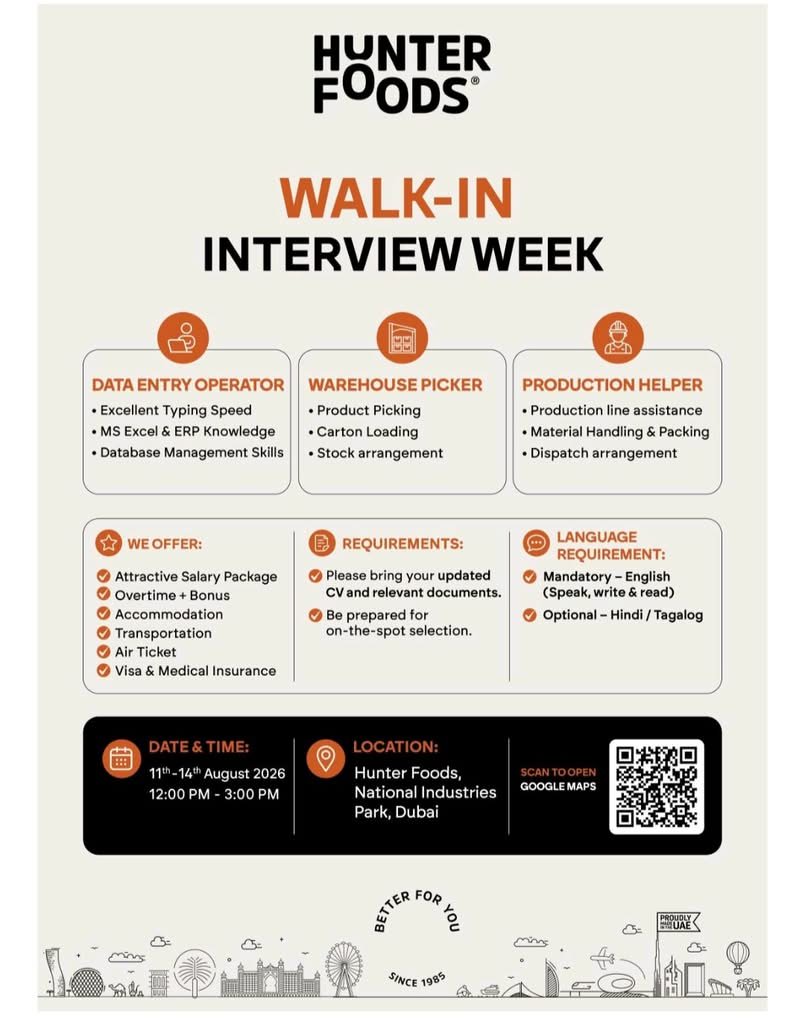Hunter Foods Walk-In Interview 2026 – Data Entry Operator, Warehouse Picker & Production Helper Jobs in Dubai