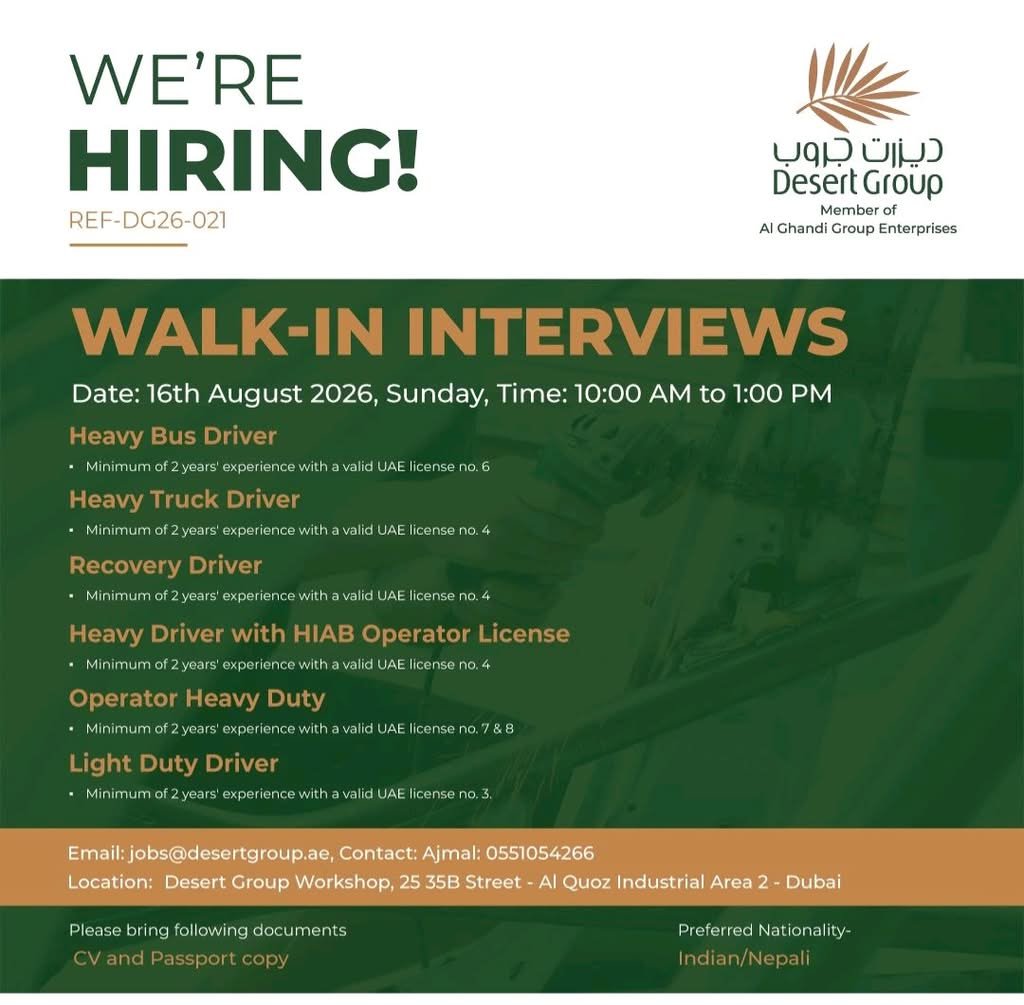Desert Group Jobs 2026: Walk-In Interview for Drivers & Heavy Duty Operators 1 Desert Group Jobs 2026: Walk-In Interview for Drivers & Heavy Duty Operators