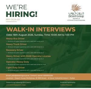 Desert Group Jobs 2026: Walk-In Interview for Drivers & Heavy Duty Operators