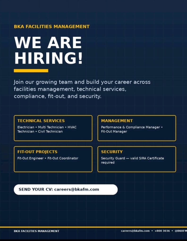 BKA Facilities Management Careers 2026 – Apply for Electrician, HVAC Technician, Plumber, Multi Technician & More