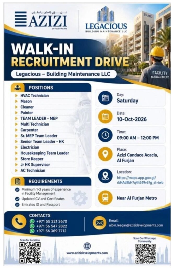 Azizi Developments Jobs 2026 – Walk-In Recruitment Drive for Multiple Positions 1 Azizi Developments Jobs 2026 – Walk-In Recruitment Drive for Multiple Positions