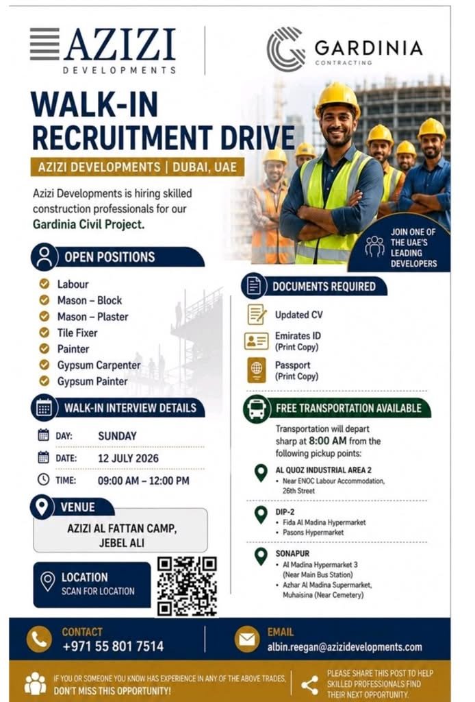 Azizi Developments Walk-In Interview 2026 – Gardinia Contracting Civil Jobs in Dubai 1 .Azizi Developments Walk-In Interview 2026