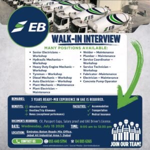 Emirates Beton Ready Mix Walk-In Interview 2026 in Dubai | Multiple Job Vacancies 1 Emirates Beton Ready Mix Walk-In Interview 2026 in Dubai | Multiple Job Vacancies