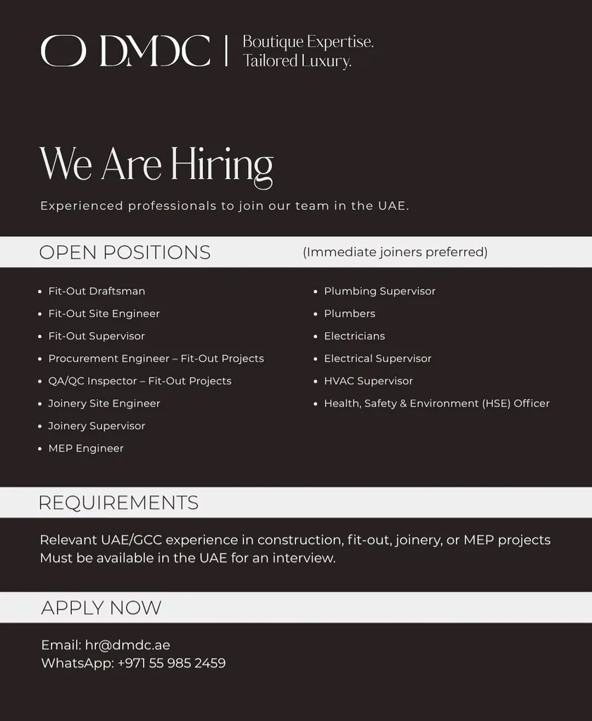 DMDC Careers UAE 2026 – DMDC Hiring for Fit-Out, Joinery, MEP & Construction Jobs 1 DMDC
